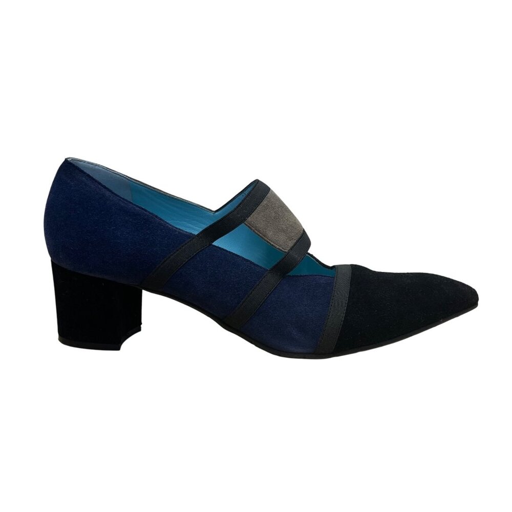 Thierry Rabotin Women’s Blue & Gray Suede Strappy Design Manila Block Heel Sz 41